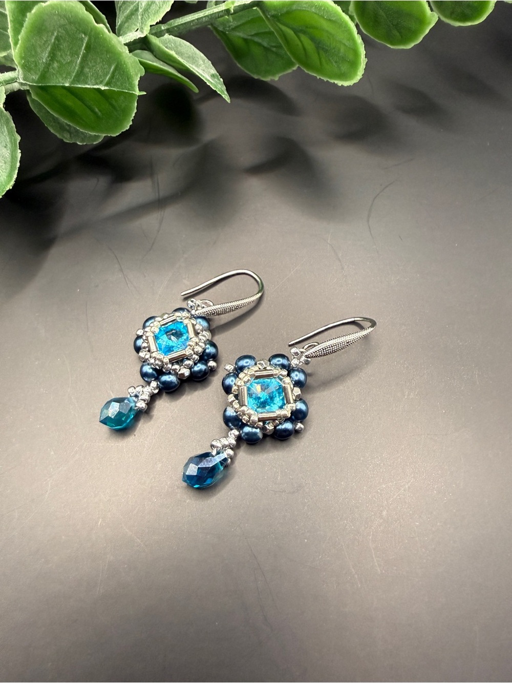 Teal Crystal Drop Earrings with Silver Accents - Women Jewelry